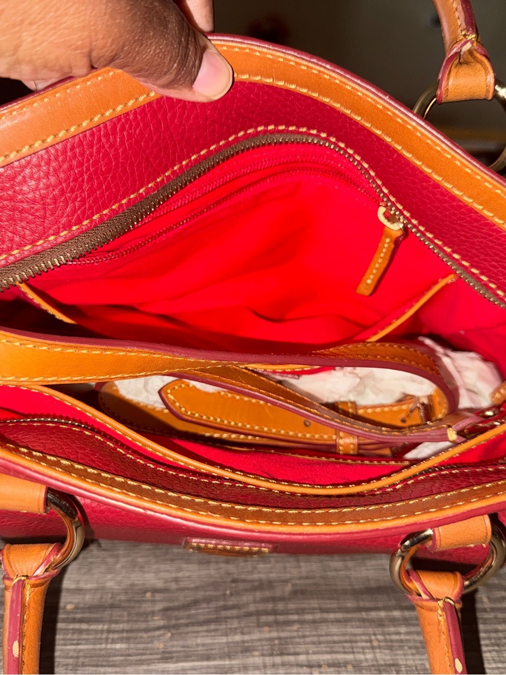 Dooney & Bourke Red and Brown Satchel with dust bag. - Picture 6 of 9